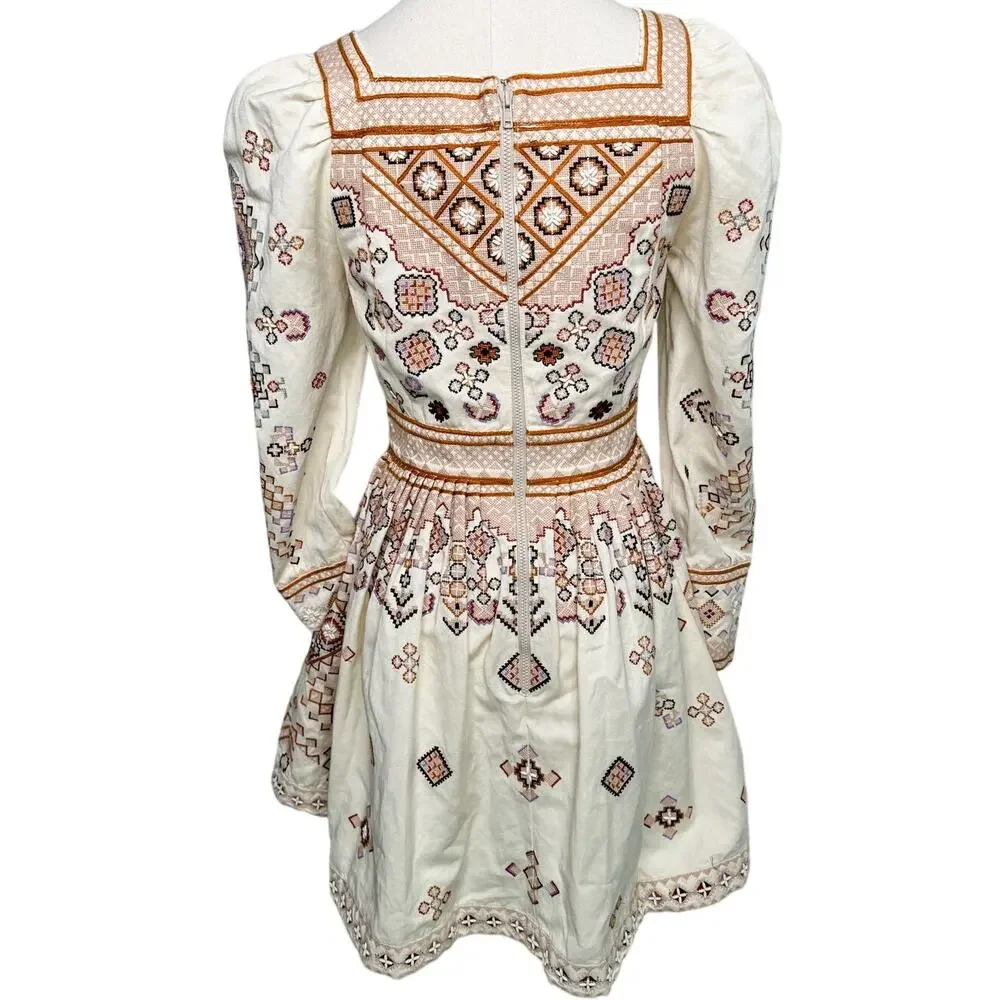 Ulla Johnson Adilah Beaded Embroidered Cotton Linen Mini Dress Ochre size 0